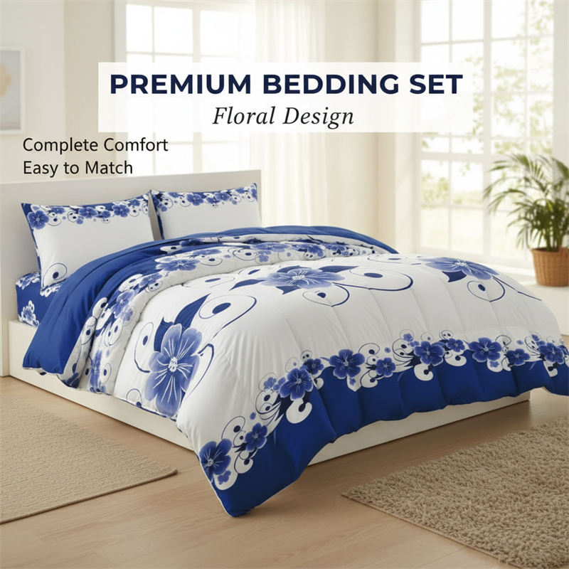 3 Piece Duvet Cover Set, US Designer Blue And White Floral Botanical Print High GSM Heavyweight Comforter Cover With Zipper Closure & Corner Ties, Pet-Friendly Microfiber Bedding — foto 4