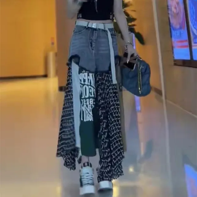 Women's High Waist Washed Denim Splicing Fashion Print Casual Skirt Skirt - Shop at LoveMi