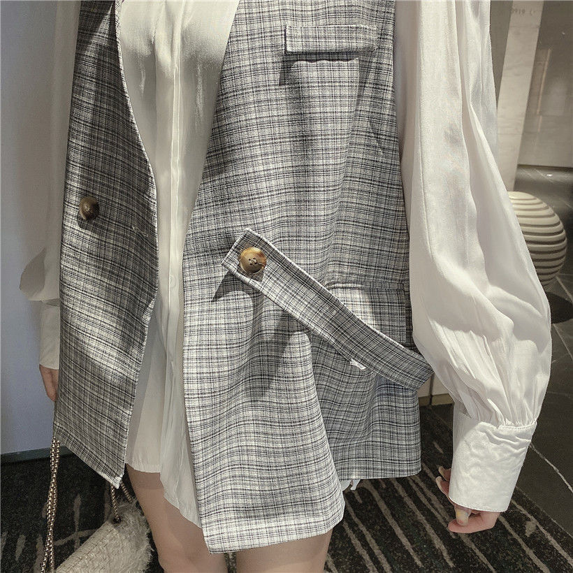 Two-piece Blouse Women's Mid-length Net Red Plaid Vest Jacket