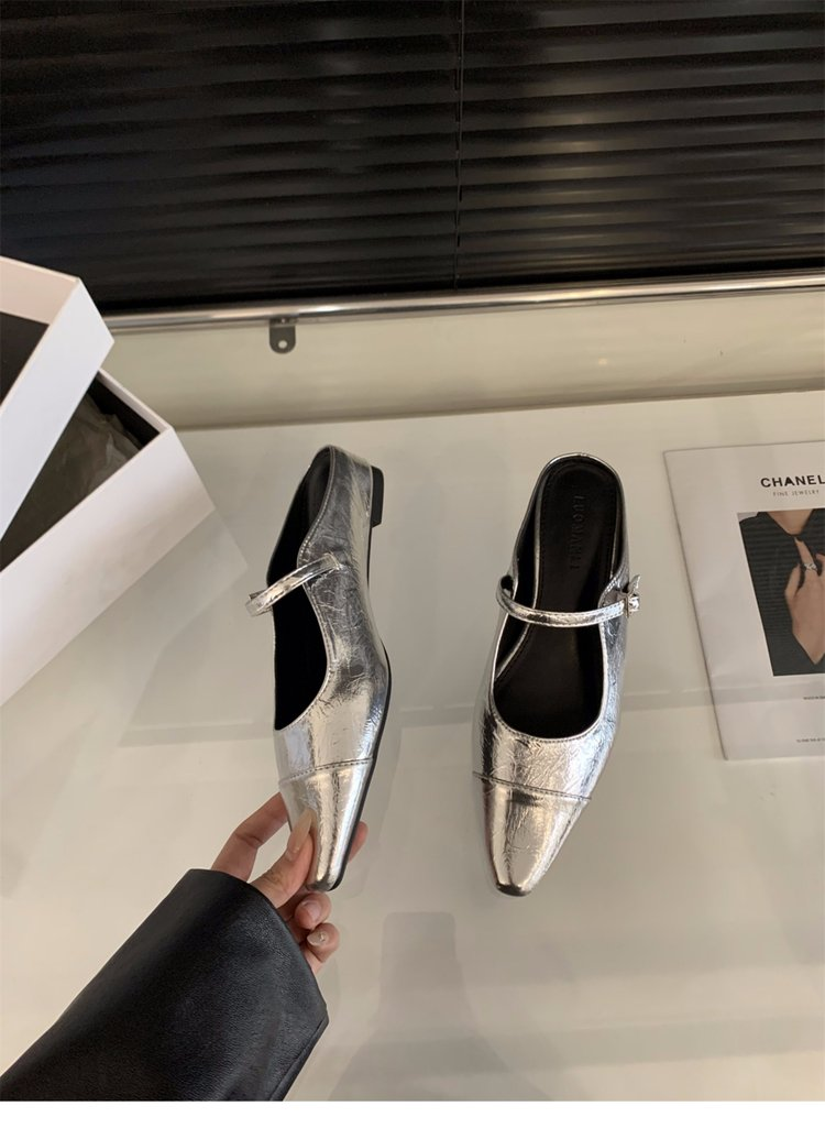 French Retro Slip-On Flats For Women 2026 Spring New Arrival, Pointed Toe Fashion Shoes, Closed Toe Backless Low Heel Sandals