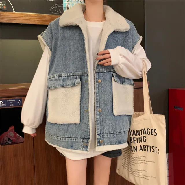 Imitation Lamb Hair Stitching Thick Loose Loose Mid length Denim Vest Women Light Blue - Shop at LoveMi