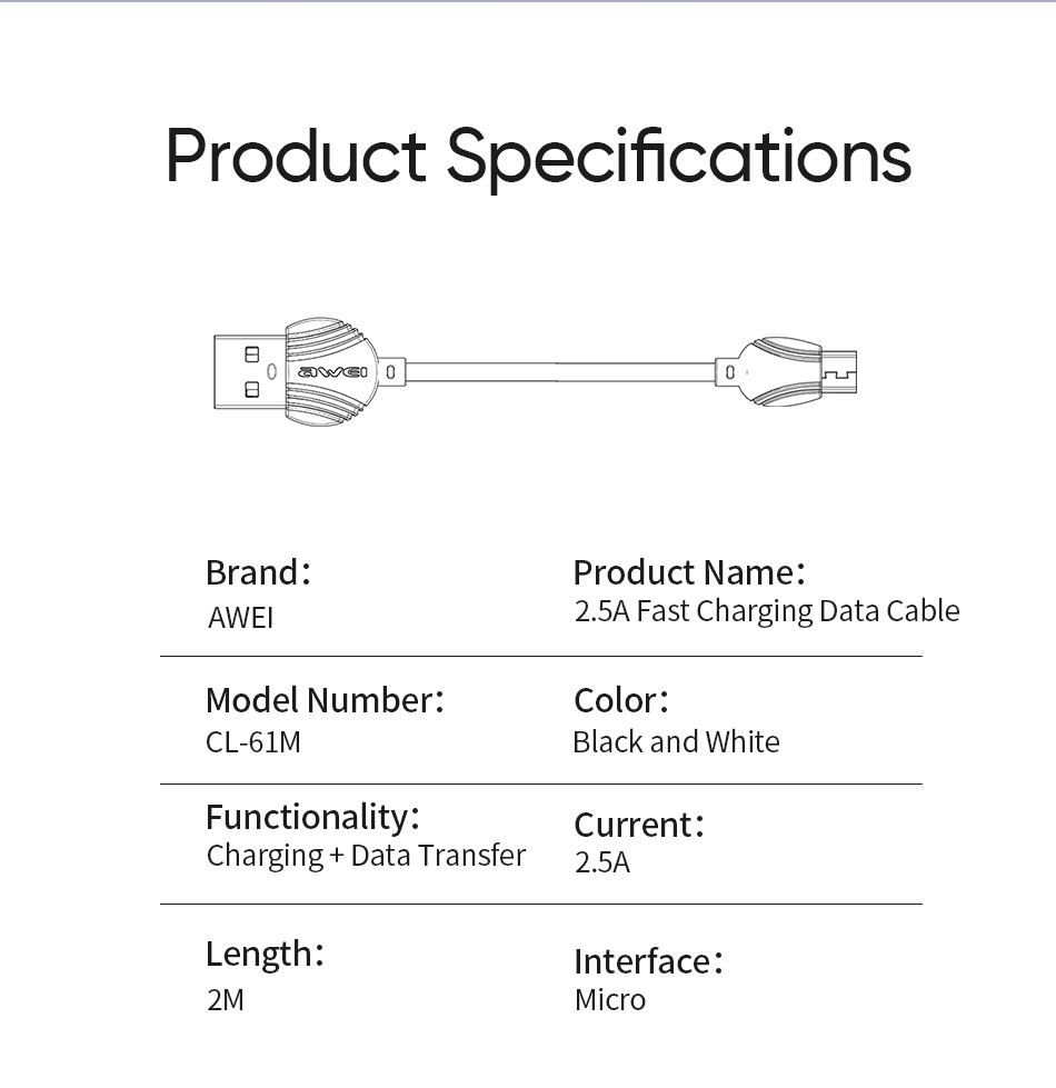 AWEI Android MICRO-USB Cable 1m - Image 2