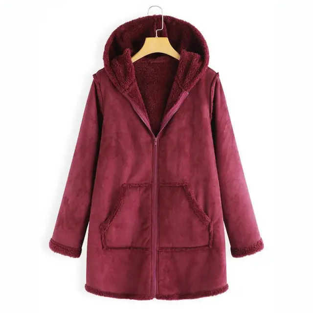 Winter Pocket Warm Plush Hooded Coat Wine - Shop at LoveMi