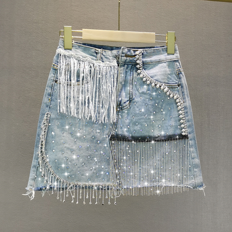 Title 5, Saia A-line de cintura alta jeans com strass, f...