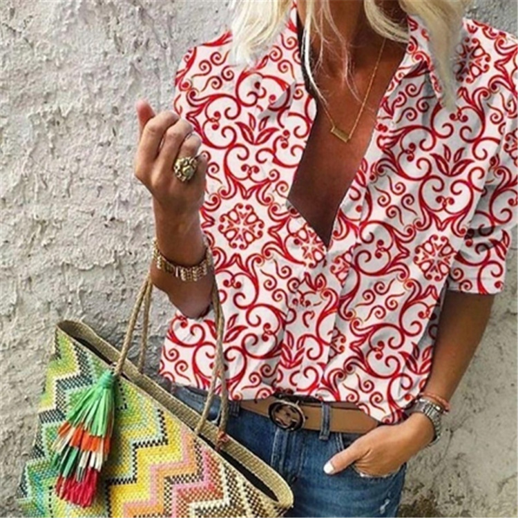 Printed Lapel Long Sleeve Casual Ladies Blouse To