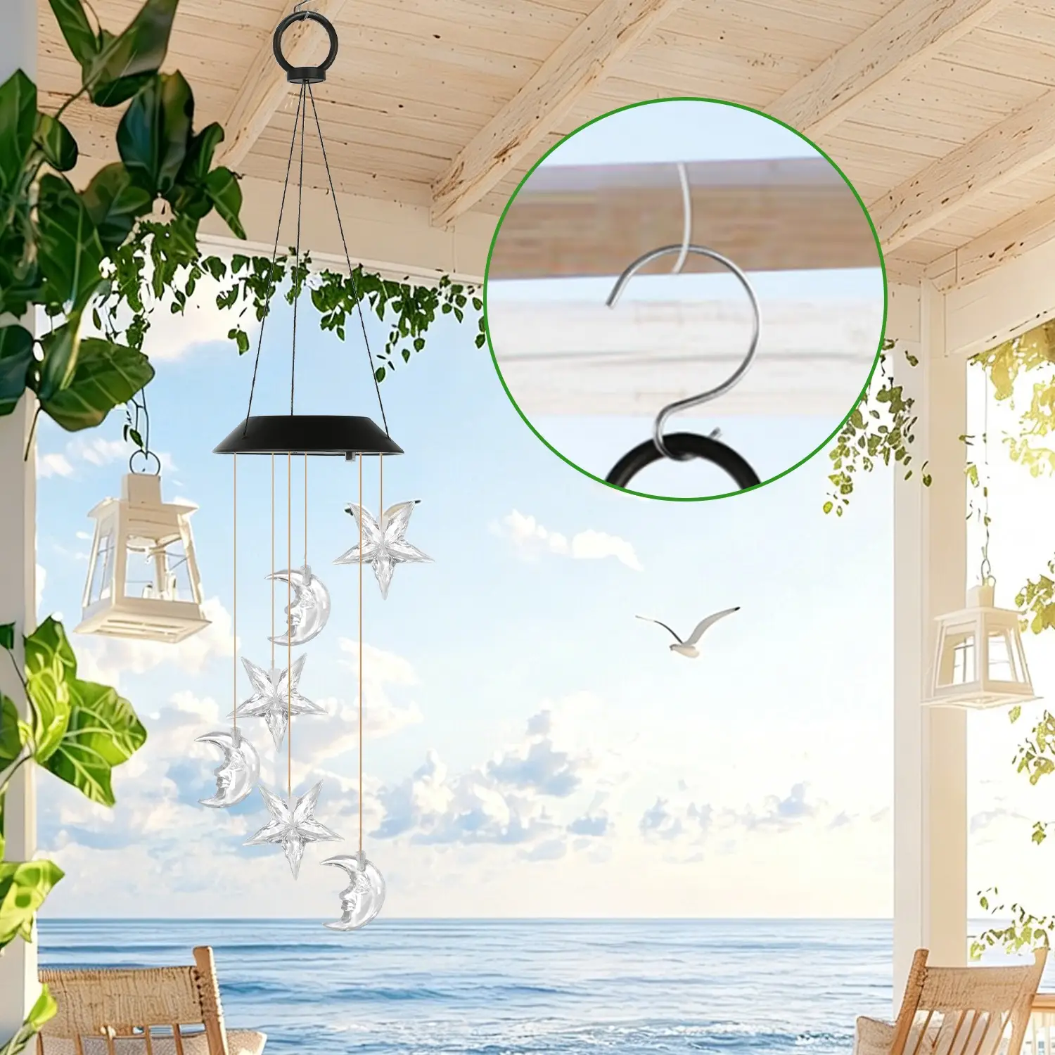 1Pcs Solar Moon And Star Wind Chime 7 Color Changing Wind Chime For Outside IPX4 Waterproof Outdoor Garden Yard Decor
