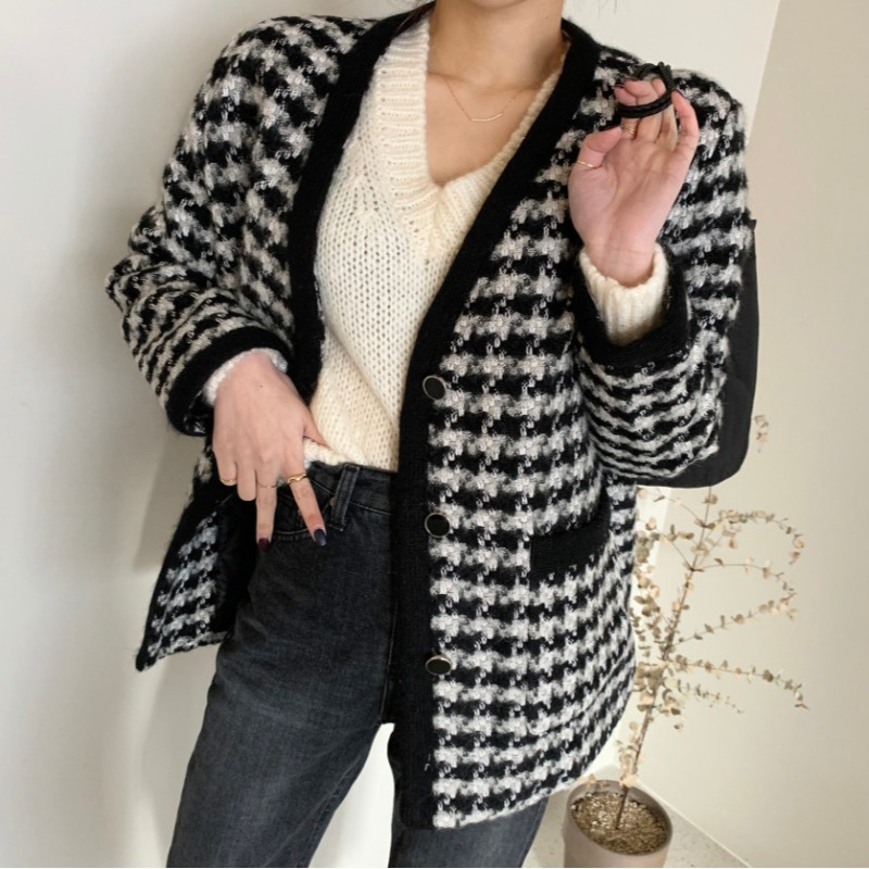 New Western-style Contrast Houndstooth Retro V-Neck Short Jacket