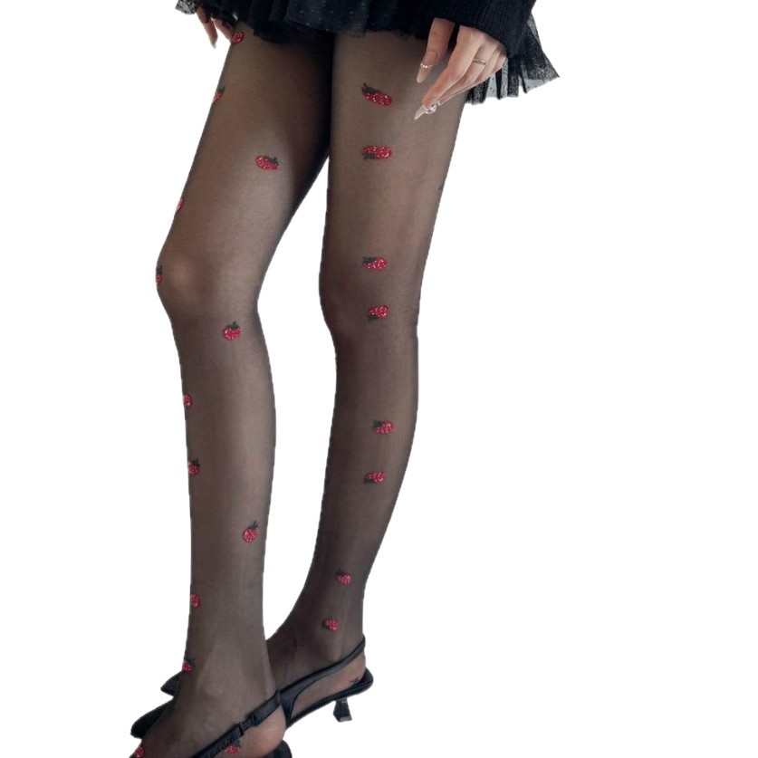 Spring And Summer Ultra-thin Sweet Strawberry Jacquard Stockings, Milky White Pure Desire Style Sheer Slimming Black Sexy Bottoming Socks For Women