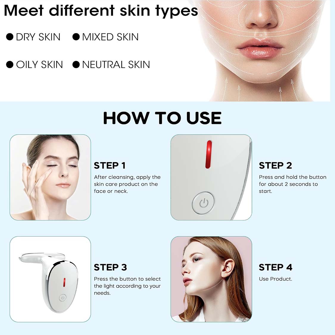 LED Facial Light Therapy Wand for Skin Care. Exquisite & Ergonomic Design - This skincare tool for the face is designed to be lovely dolphin-shaped, compact, and can be put in your handbag, carried with you, and used any time & anywhere. It is 160-degree 