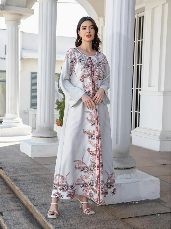 Elegant Floral Print Long Sleeve Abaya Dress