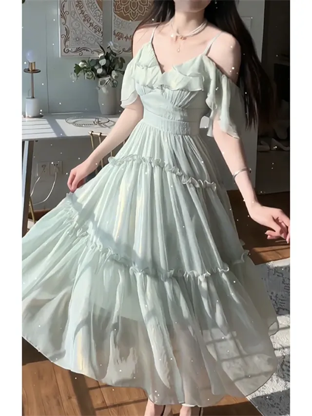 Chiffon Suspender Dress For Women Light Green - Shop at LoveMi