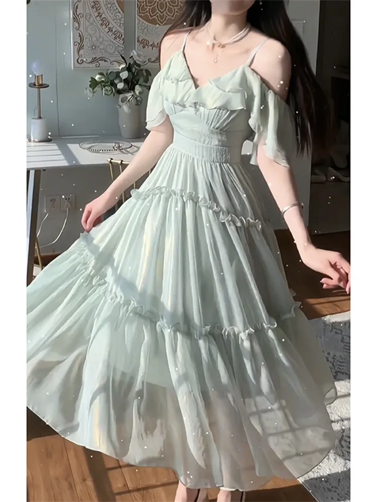Chiffon Suspender Dress For Women - Light Green