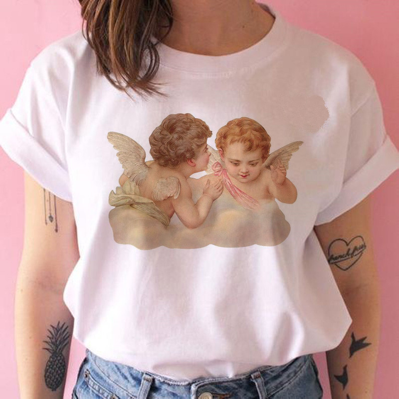 Title 2, Cute Cartoon Angel Baby Print Ladies Short Sleeve