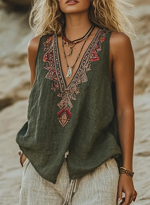 Women's Bohemian Retro V-neck Sleeveless Loose Vest