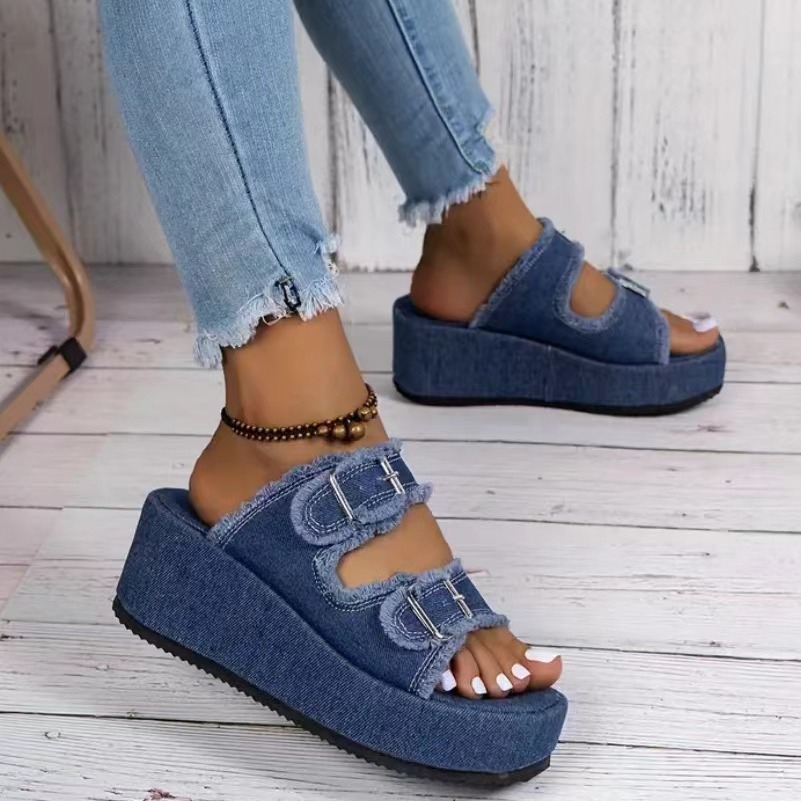 Sandalias de cuña con hebilla de mezclilla para mujer, zapatillas de tacón alto - 第 5/6 張圖片
