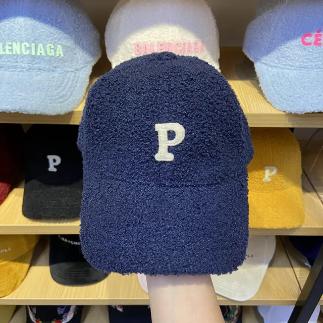 Lamb Hair Letter P Baseball Hat Female Dark Blue - Shop at LoveMi