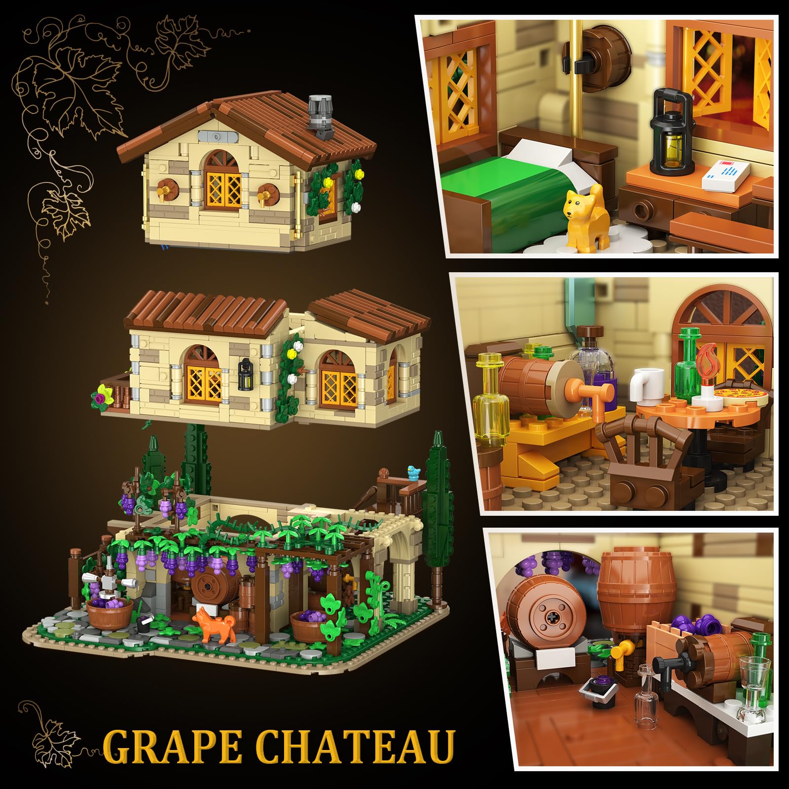 Winery Chateau House Building Set With Lights, Vineyard Castle Construction Model Home Decor, Vine Estate Autumn Cabin Building Block Kit, Birthday Gift For Adults Teens Boys Girls