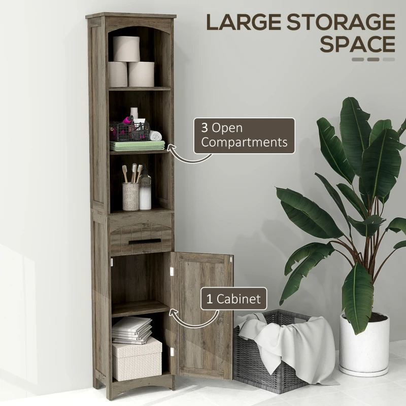 Farmhouse Tall Slim Bathroom Storage Cabinet With Recessed Drawer, Narrow Cabinet With Barn Door, Weathered Gray Oak