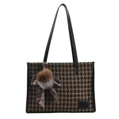 Plush Ball Silk Scarf Pendant Fashion Houndstooth Small Square Bag - Black - View 1
