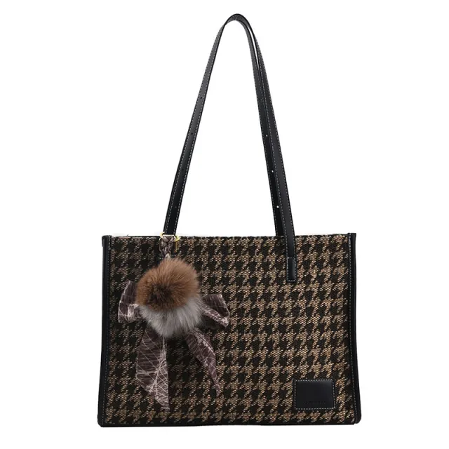 Plush Ball Silk Scarf Pendant Fashion Houndstooth Small Square Bag Black - Shop at LoveMi