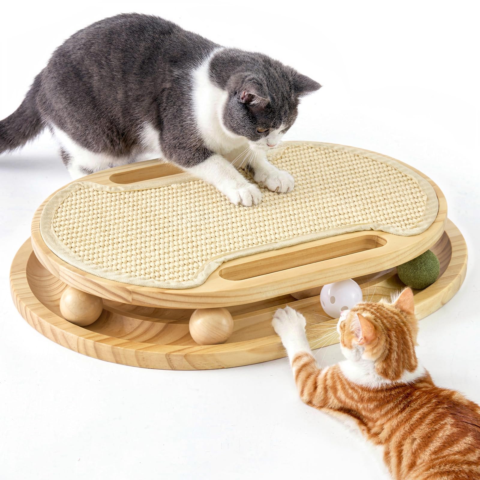 Cat Scratcher With Ball Track Toy, Sisal Scratch Pad For Indoor Use Wooden Interactive Cat Puzzle Toys For Adult Cats, Kitten Mental Stimulation Self Play Home Enrichment, Spinning Balls
