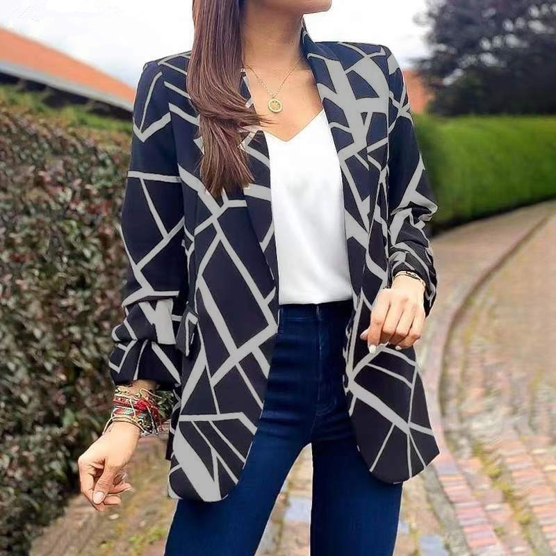 Women's Fashion Versatile Print Versatile Suit Collar Buttonless Blazer