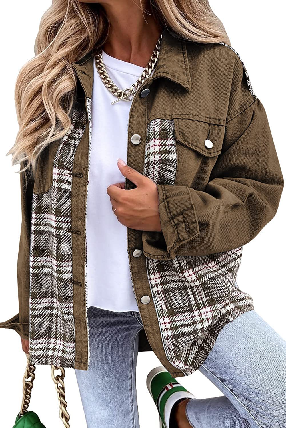 Denim Jacket Long Sleeve Plaid Button Down Shirt Brown - Shop at LoveMi