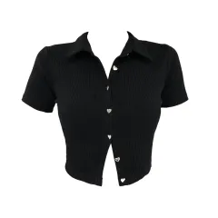 College Style Girl Crop Top Polo Love Button Black Summer - Black - View 1