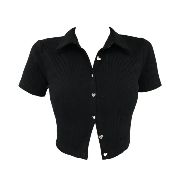 College Style Girl Crop Top Polo Love Button Black Summer Black - Shop at LoveMi
