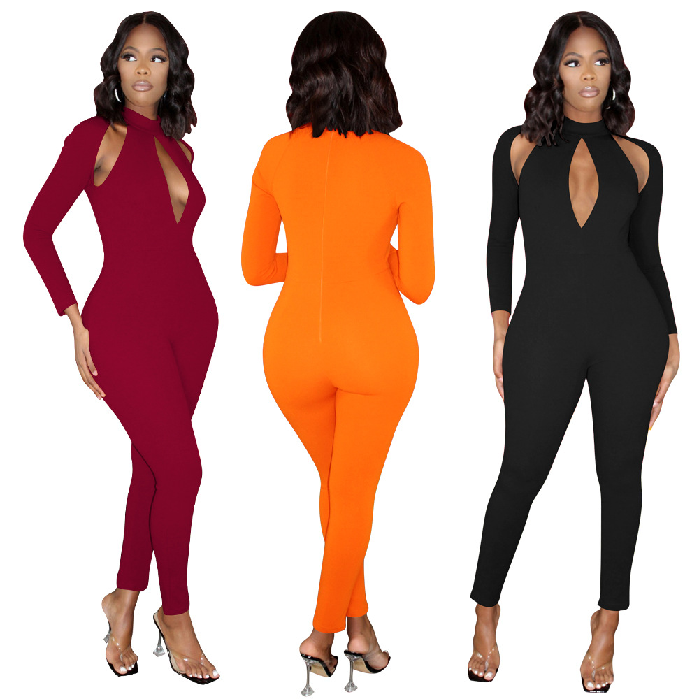 Women's Solid Color Long-sleeved Invisible Cut-out Jumpsuit - Image 5