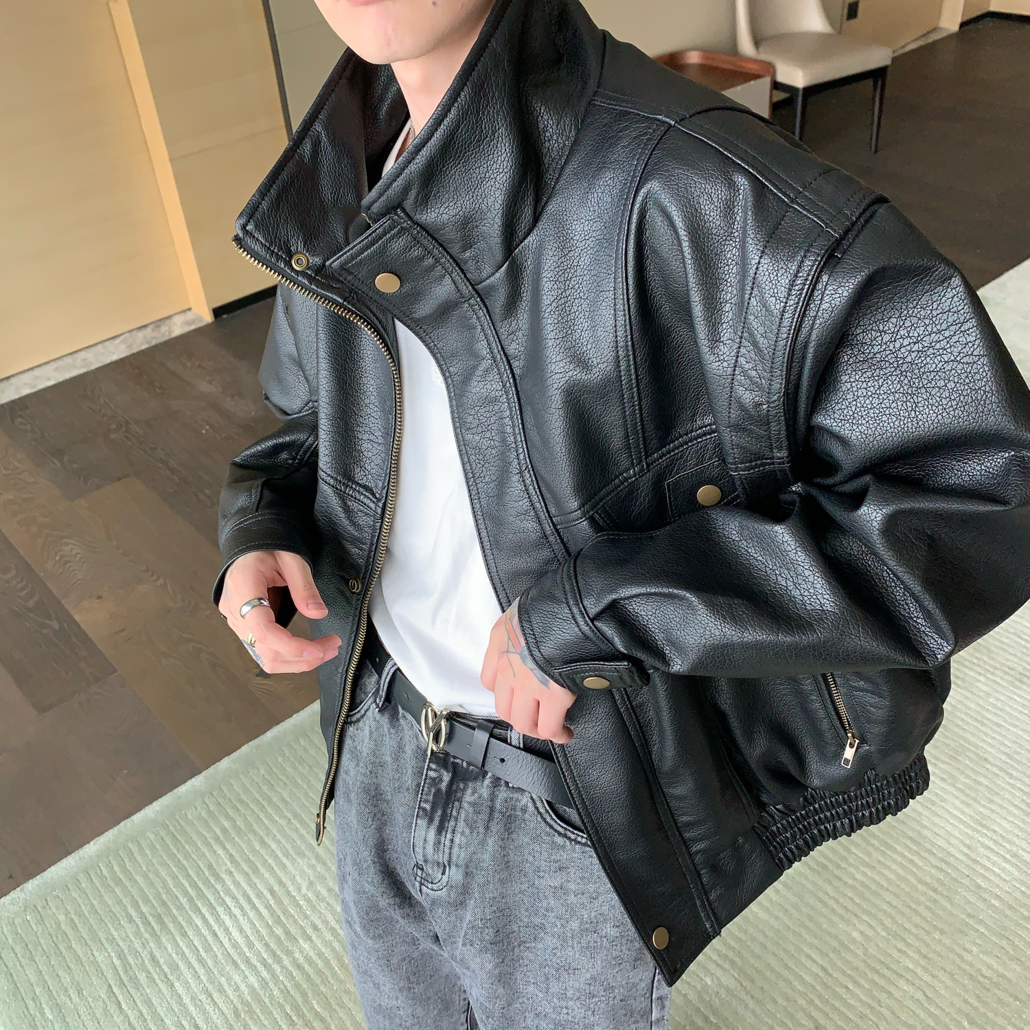 Men's Lychee Leather Retro Motorcycle Leather Jacket