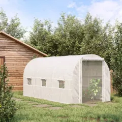 Outsunny 15 X 7 X 7 Walk-In Tunnel Greenhouse, Large Garden Hot House Kit With 6 Roll-up Windows & Roll Up Door, Steel Frame, White - White - View 1