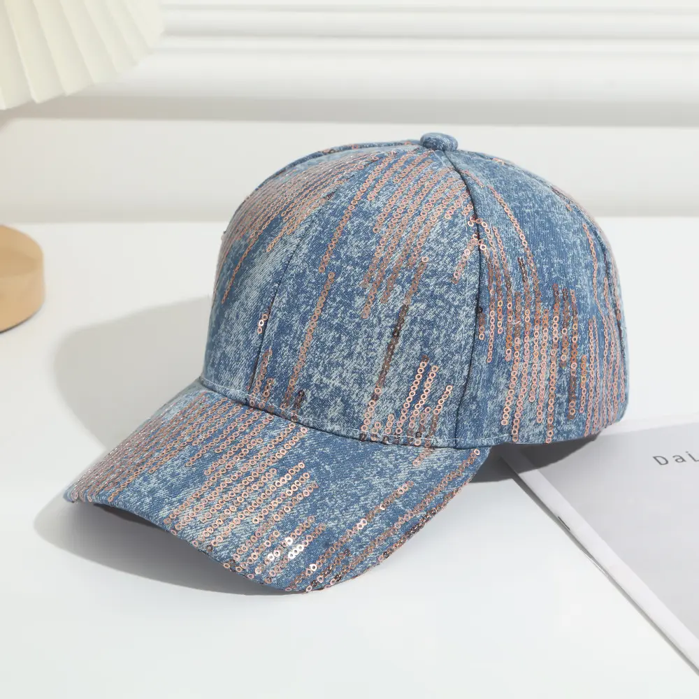 Full-pattern Vertical Sequin Washed Denim Baseball Cap