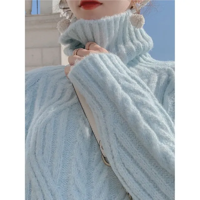 Thickened Twist Soft Waxy Mid length White Loose Turtleneck Sweater Women Blue - Shop at LoveMi