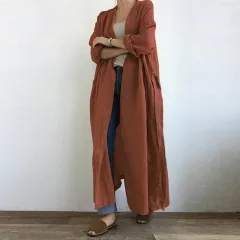 Women's Casual Long Sleeved Long Trench Coat - Orange - View 1