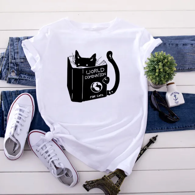 Women's Cotton Reading Cat Print Loose Round Neck T shirt White - Shop at LoveMi