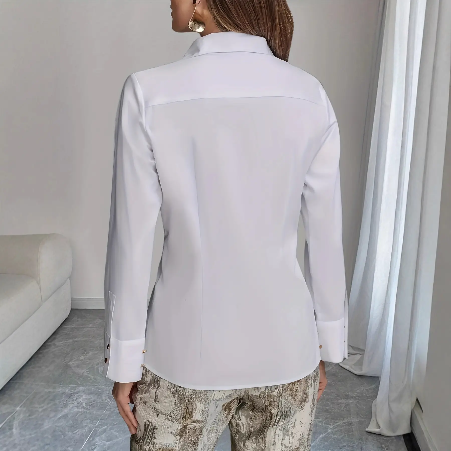 Women's Solid Color Pleated Asymmetric Long Sleeved Button Commuter Shirt