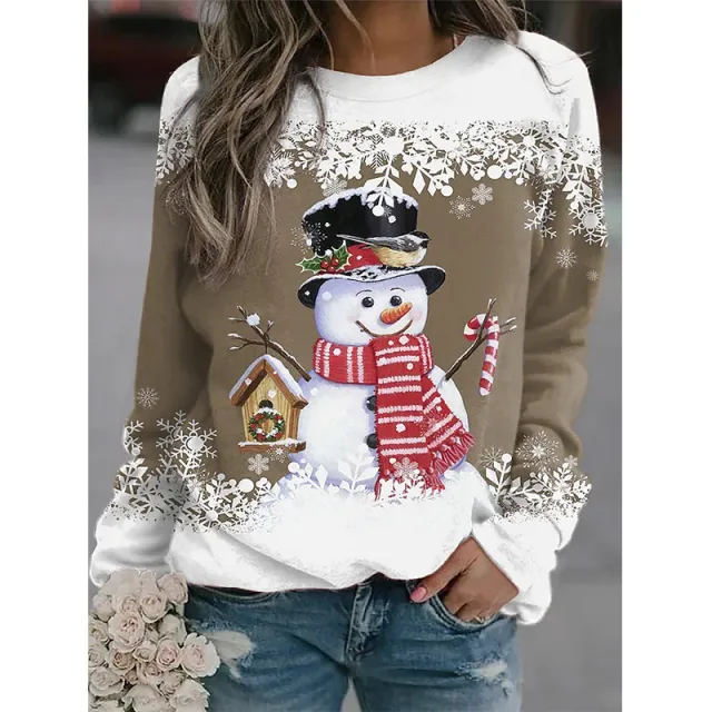 Snowman Printed Panel Loose Sweater Khaki - Shop at LoveMi