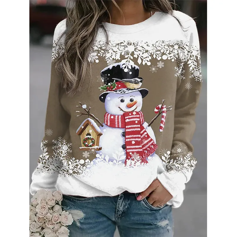 Snowman Printed Panel Loose Sweater - Khaki