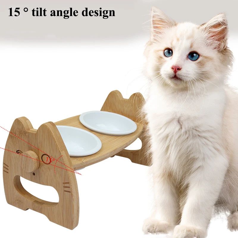 Pet Bowl Ceramic Double Bowl Wooden Stand Neck Protection Dog Cat Food Basin Height Adjustable Tilt Separate Bowls Pet Accessori