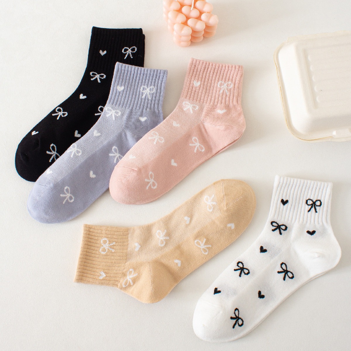 Coquette Bow & Heart Print Ribbed Ankle Socks, Cute Pastel Color Low-Cut Socks, Women's Sweet Casual Socks For Daily Wear & Preppy Style