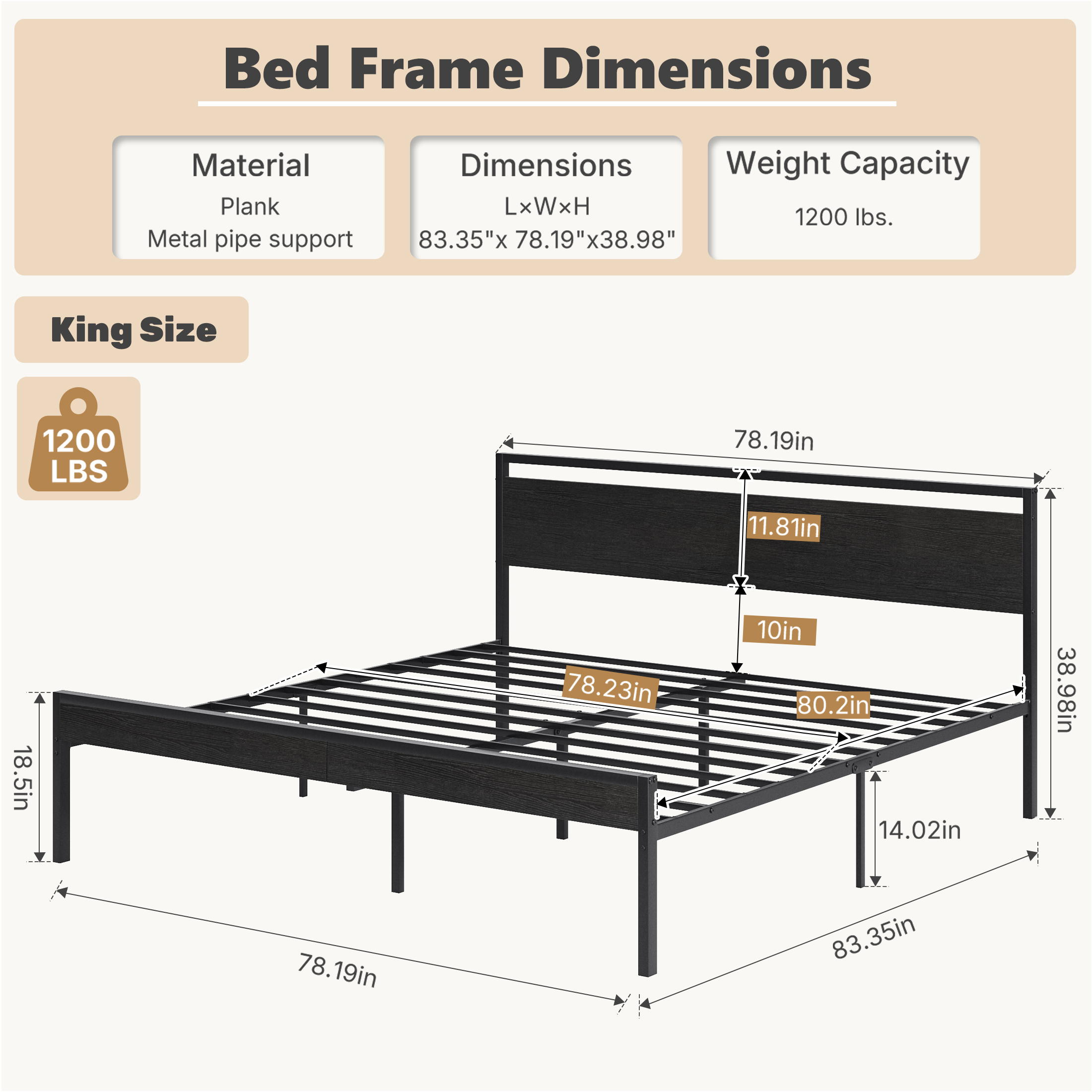 Heavy-duty Metal Platform Bed With Wooden Headboard, Capable Of Supporting 1000 Pounds, And With Storage Space Beneath The Bed. image 16