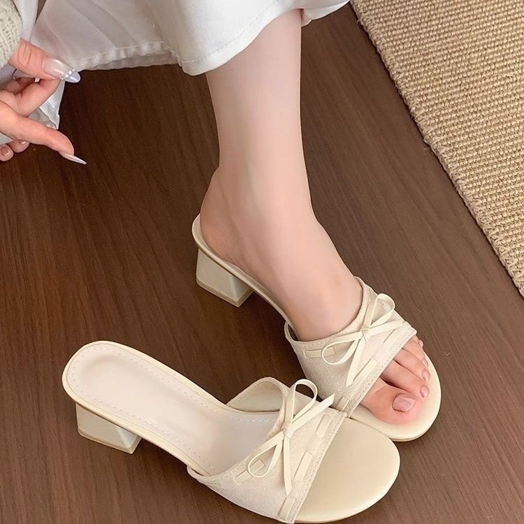 Niche Design Chunky Heel Slide Sandals For Women, New Summer 2025, Korean Style Elegant Slip-on Slippers To Match Dresses