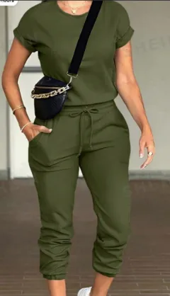 Women Solid Color Round Neck Short Sleeve Top And Drawstring Pocket Long Pants Casual Suit - Dark Green - View 1