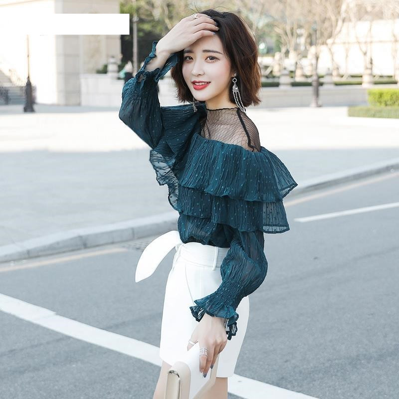 One-line Off-the-shoulder Top Long-sleeved Chiffon Shirt With Flared Sleeves