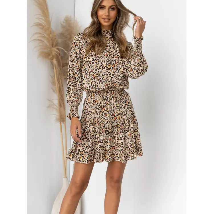 New Leopard Print Round Neck Long Sleeve Elastic Dress