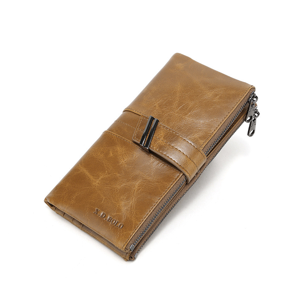 Oil Wax Leather Double Zipper Coin Purse Women's Long Clutch Khaki - Shop at LoveMi