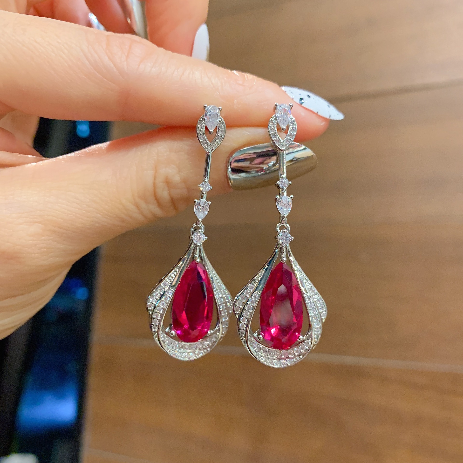 Elegant Layered Teardrop Dangle Earrings For Women, Pear Cut Fuchsia Tone Simulated Zirconia Full Micro Pave Rhinestone Silver Tone Hook Light Luxury Wedding Party Ear Jewelry — view 5