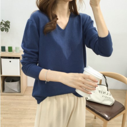 Title 10, Loose Slimming V-neck Solid Color Long-sleeved ...