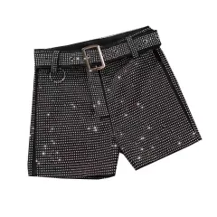 Full Diamond Stretch Jeans Women's Fashion Slim Fit Denim Shorts - Black - View 1